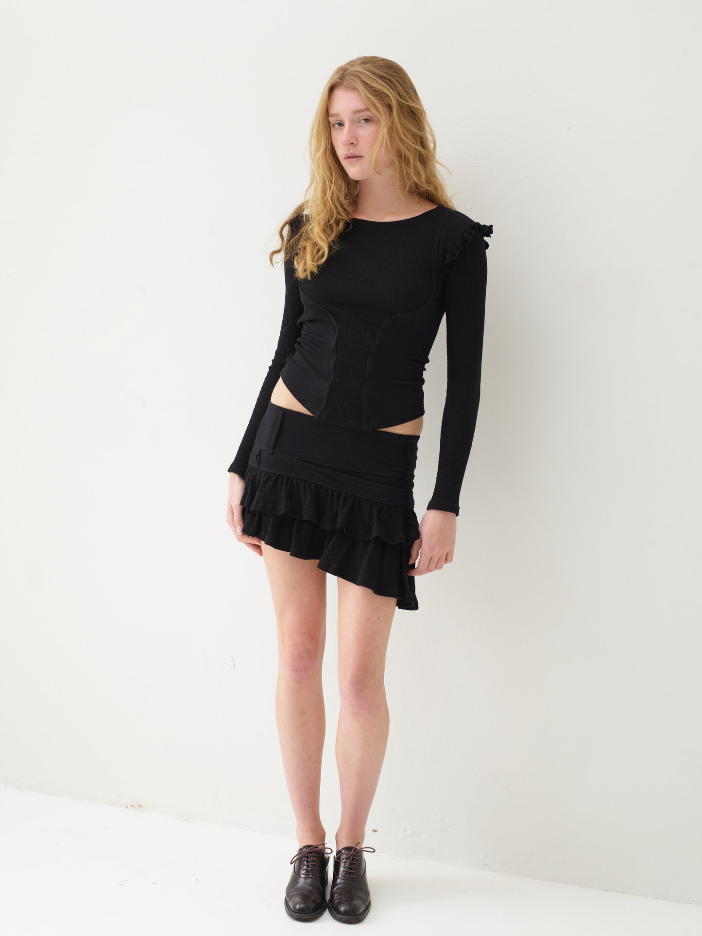 Jacquard long sleeve vest top - black