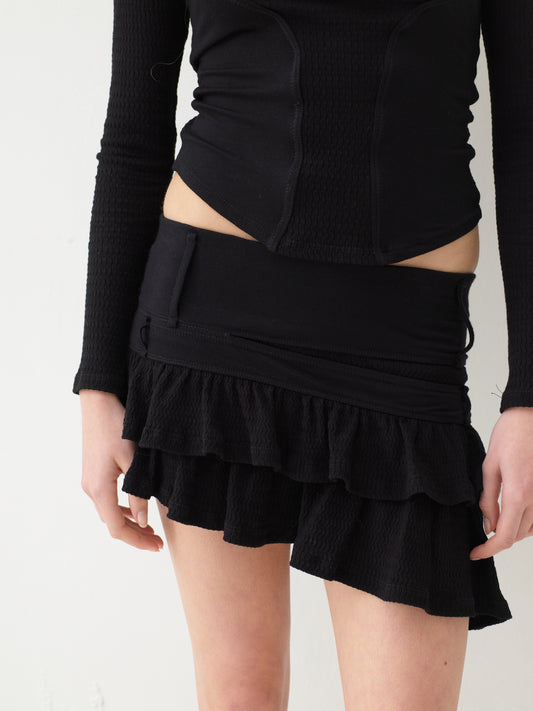 Jacquard split ruffle mini skirt - black
