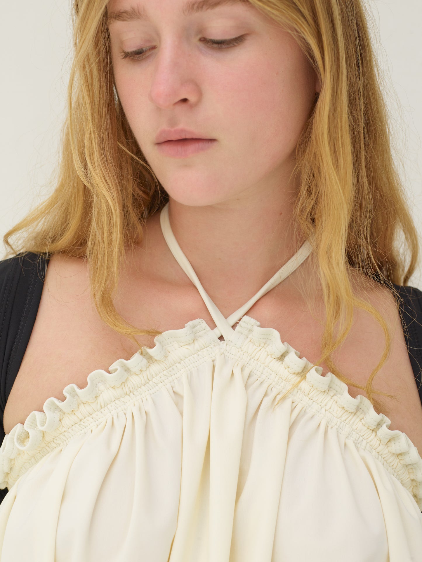 Frilly gathered halter top - pearl