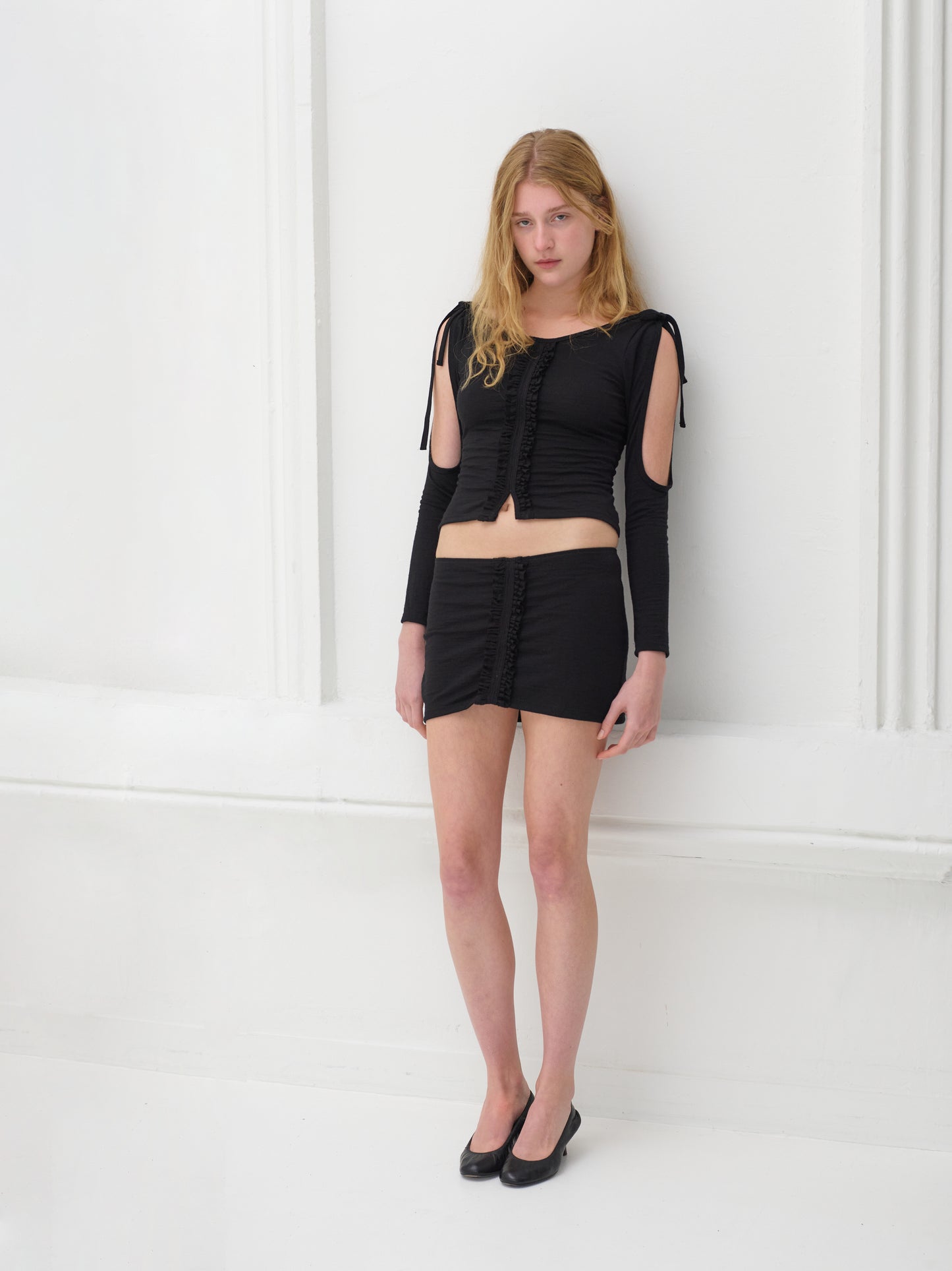 Premium merino wool frilly cold shoulder blouse - black