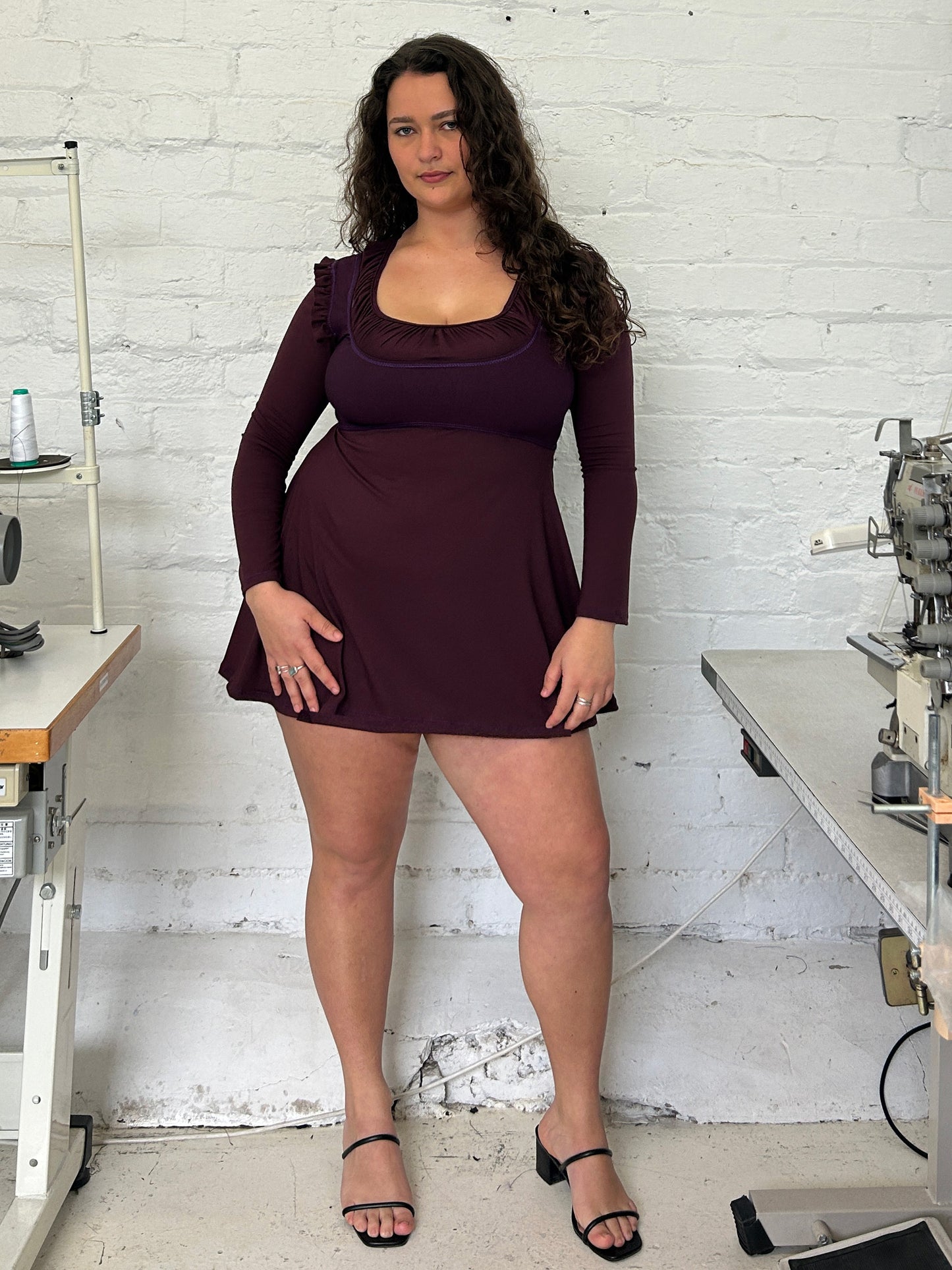 Long sleeve bustier babydoll dress - plum