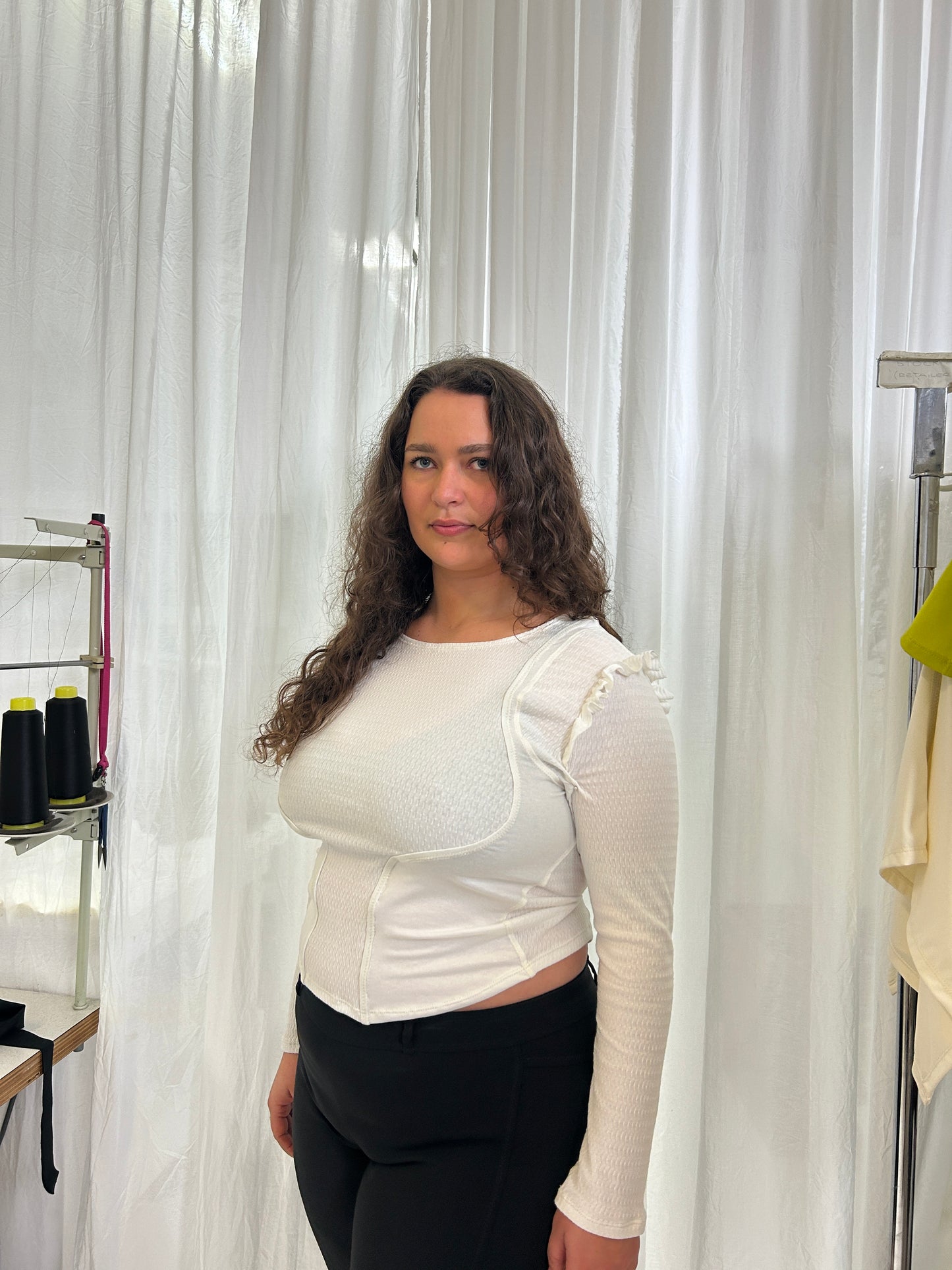 Jacquard long sleeve vest top - pearl