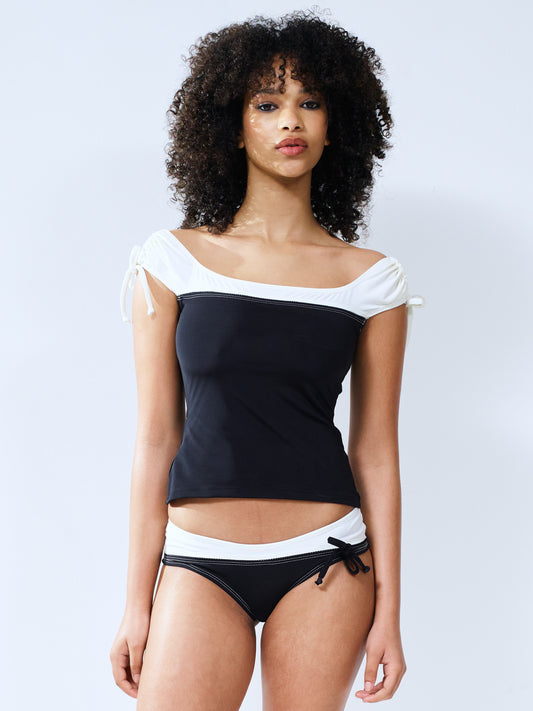Scooped tie up blouse - black/pearl