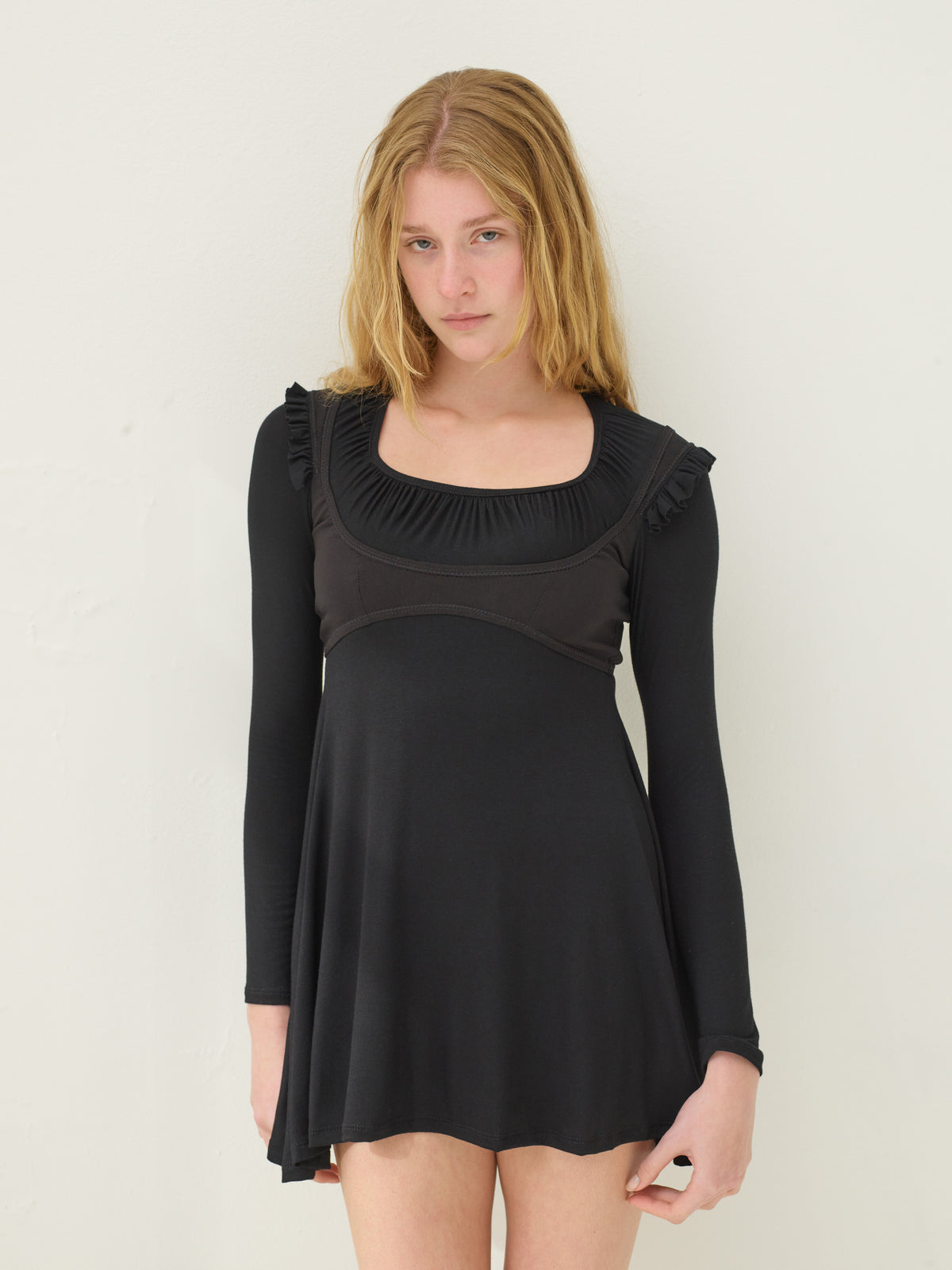 Long sleeve bustier babydoll dress - black