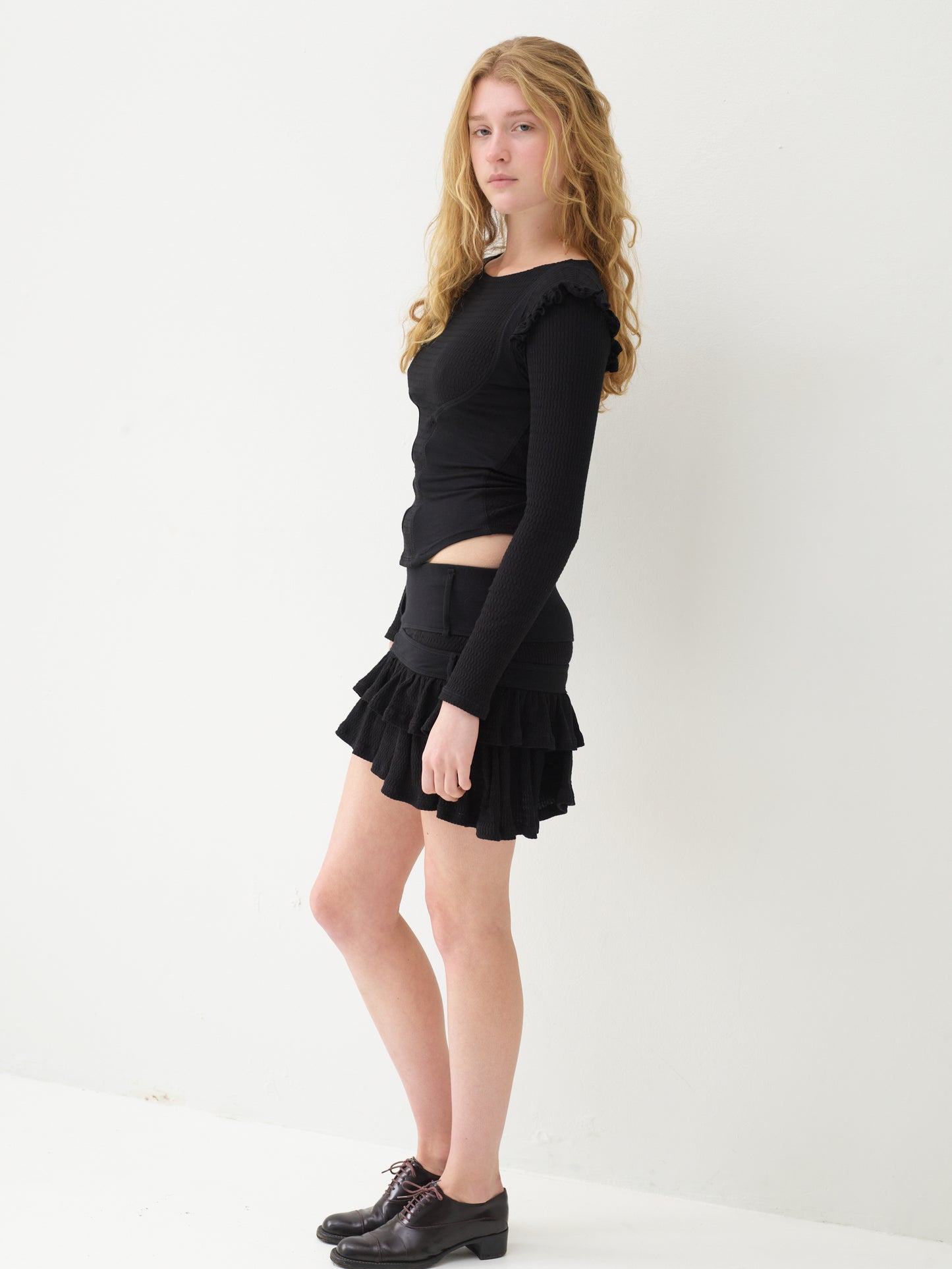 Jacquard long sleeve vest top - black
