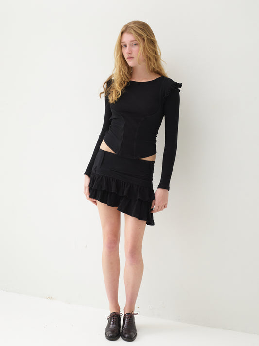 Jacquard long sleeve vest top - black