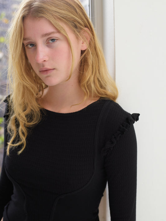 Jacquard long sleeve vest top - black