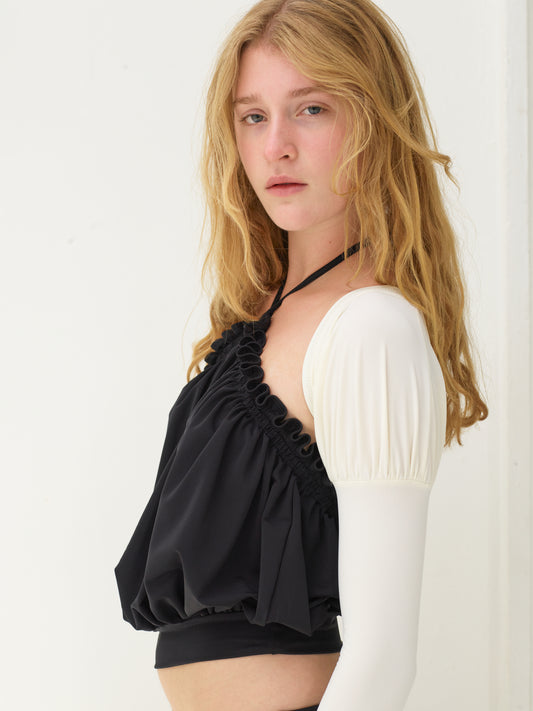 Frilly gathered halter top - black