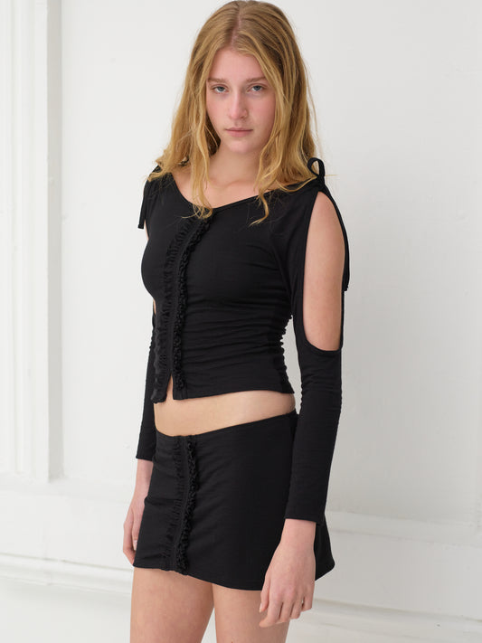 Premium merino wool frilly cold shoulder blouse - black