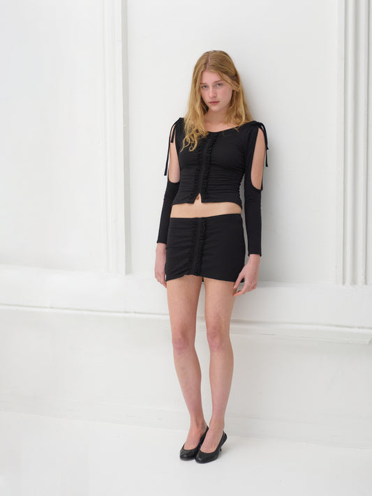 Premium merino wool frilly cold shoulder blouse - black