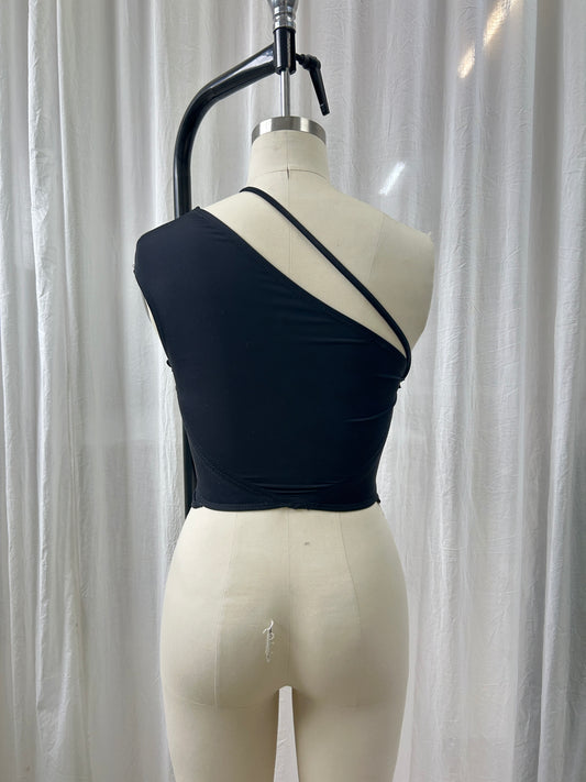 Black One Shoulder Tank Top w Detached Sleeves - XS