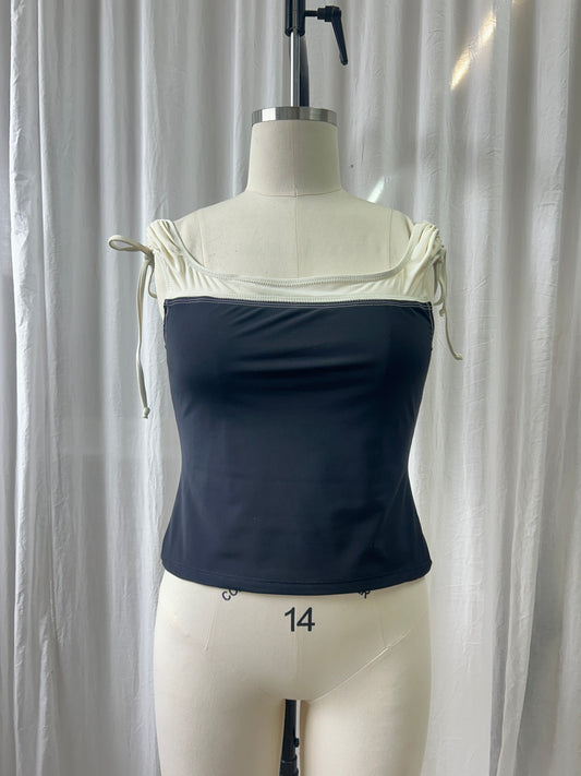 Scooped Tie Up blouse - Pearl/Black L