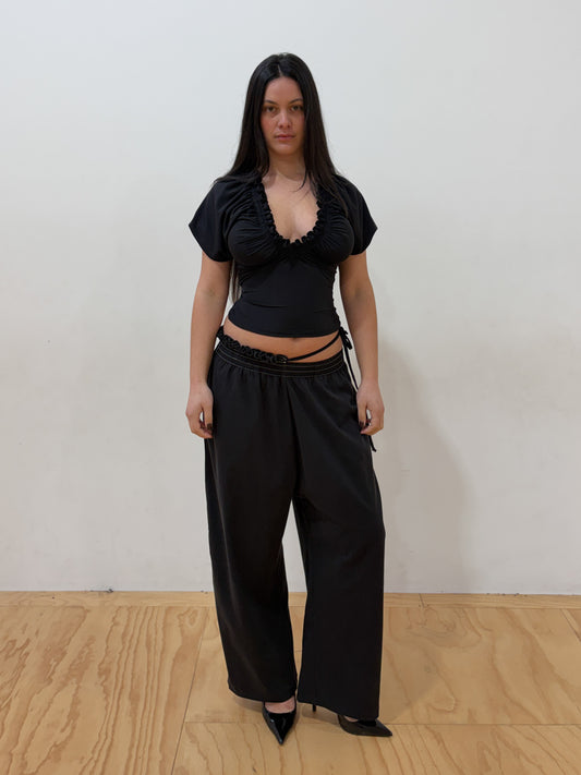 Frilly Twill Trouser in cotton tencel - black